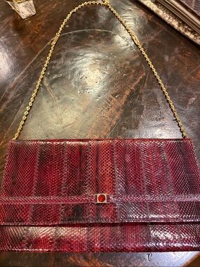 Red Snakeskin Chain-Handle Clutch